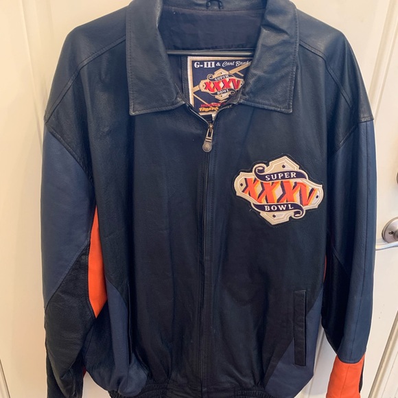 Men's Leather Super Bowl XXXV Black/Blue/Orange G-III Carl Banks Jacket Size XXL